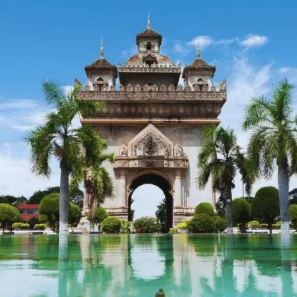 Historic portal with a lake reflecting its structure, located in the capital Vivenciana.